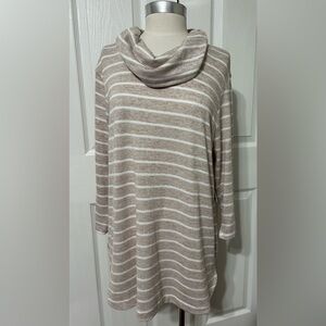Croft & Barrow Mocha Stripe Cozy Knit Sweater Cowl Neck 3/4 Sleeves Tunic NWT L